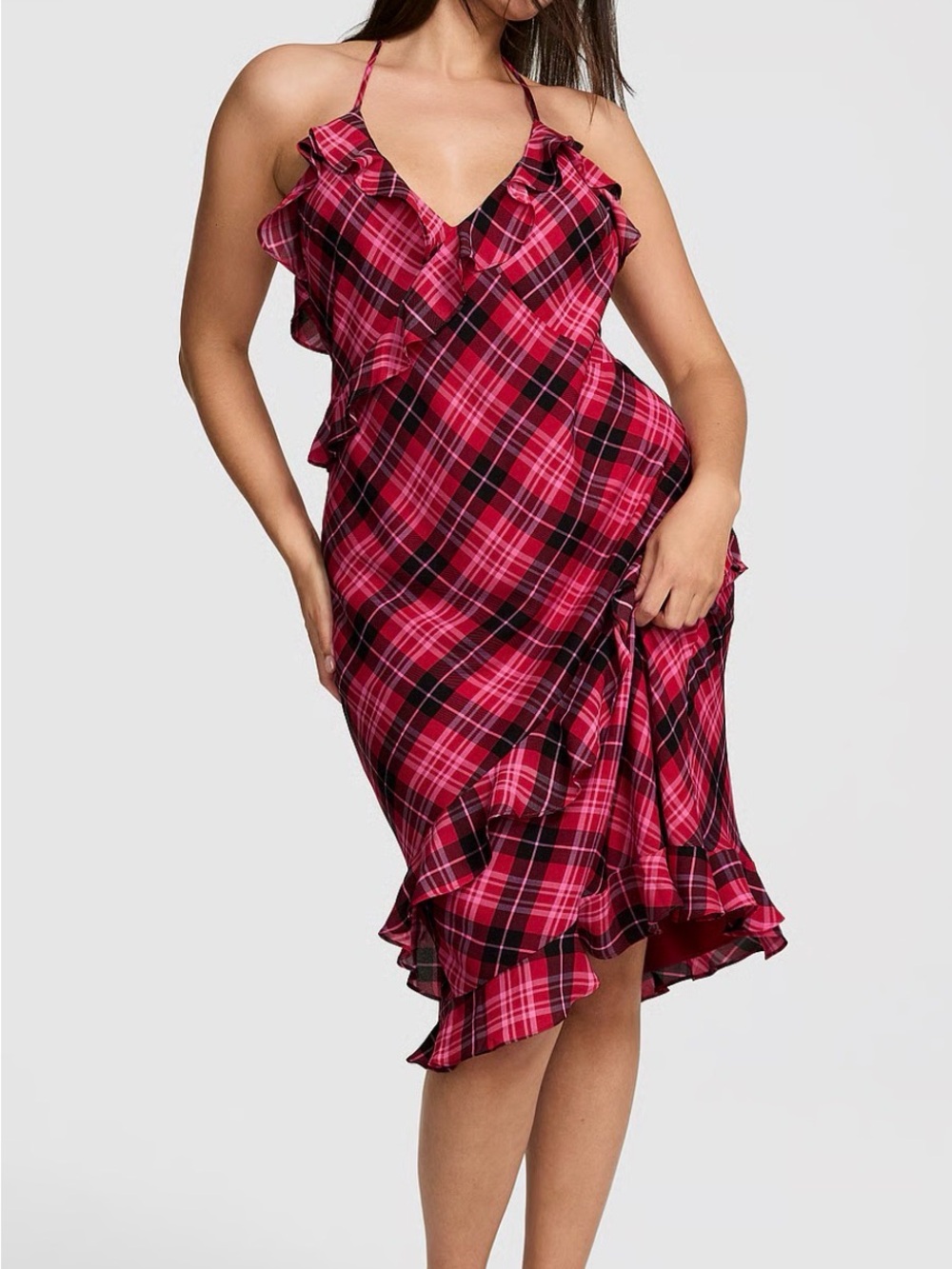 PINK Victoria's Secret LOVE SHACK FANY Pink Plaid Ruffle Maxi Slip Dress Medium
